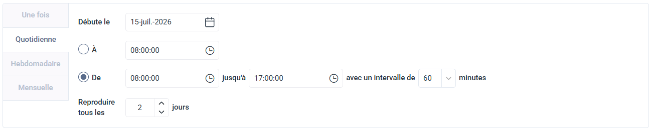 Onglet Planification réglé sur Quotidienne, avec des envois de 12:24:00 à 12:54:00 toutes les 30 minutes, tous les jours