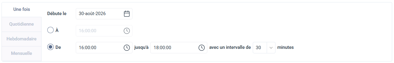 Onglet Planification réglé sur Une fois, avec des envois de 16:00 à 18:00 toutes les 15 minutes le 30 septembre