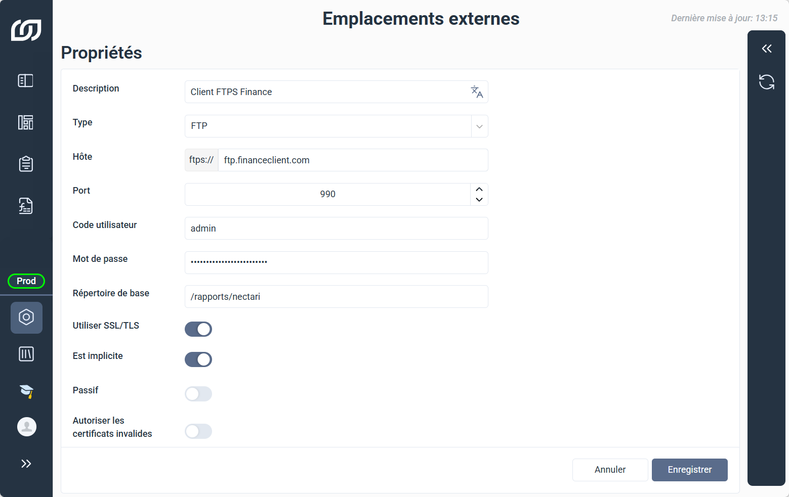 Propriétés d'un emplacement externe FTP, avec l'hôte, le port, le code utilisateur, le mot de passe, l'option Utiliser SSL/TLS et le mode passif