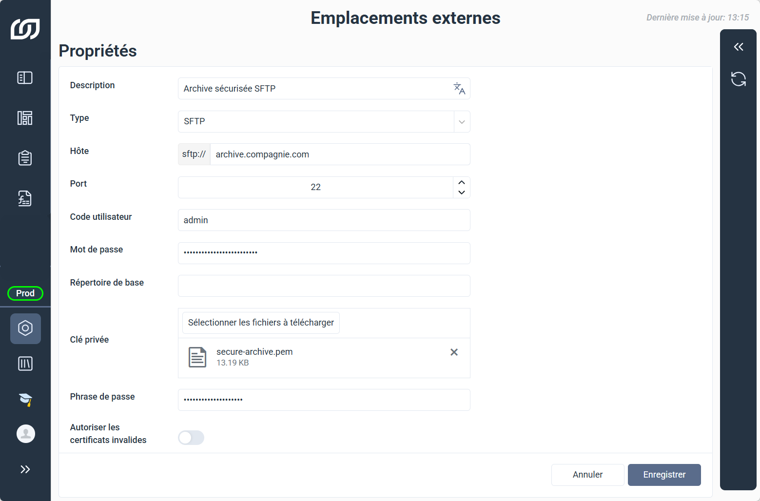 Propriétés d'un emplacement externe SFTP, avec l'hôte, le port, le code utilisateur, le mot de passe, la clé privée et la phrase de passe
