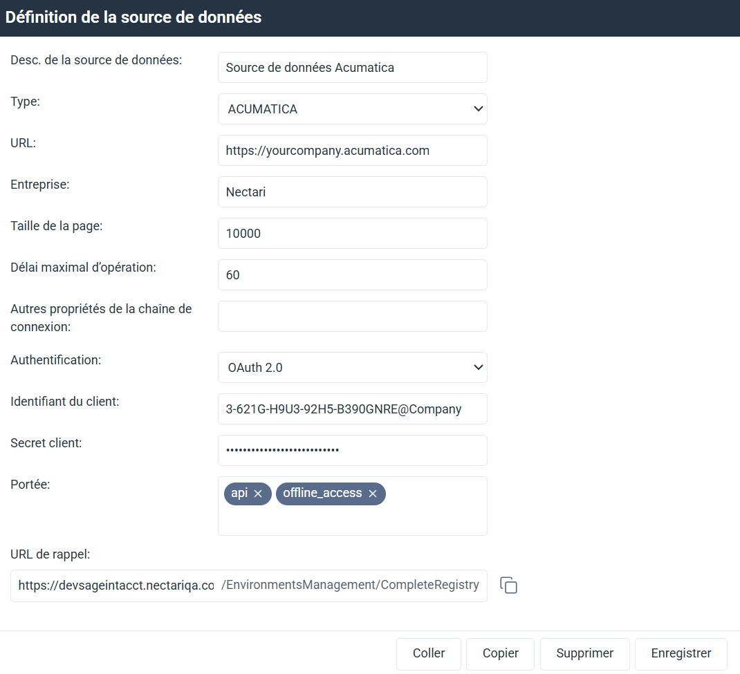 Acumatica data source configured with OAuth 2.0