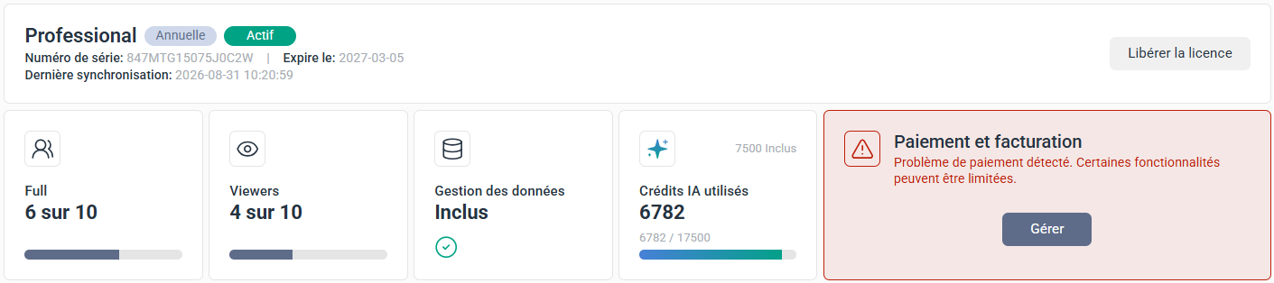 Message d'erreur signalant un problème de paiement