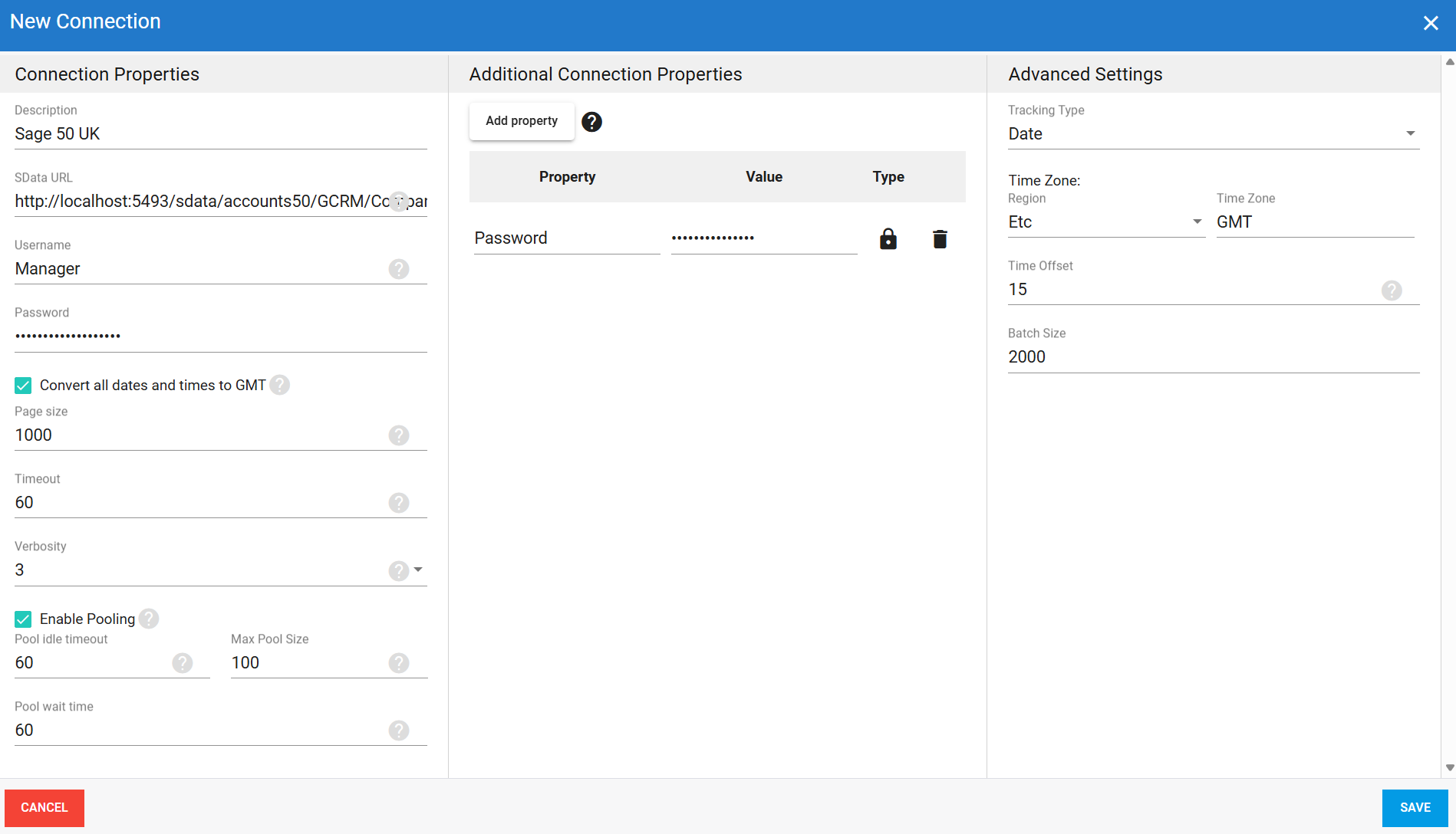 Connexion source Sage 50 UK dans DataSync
