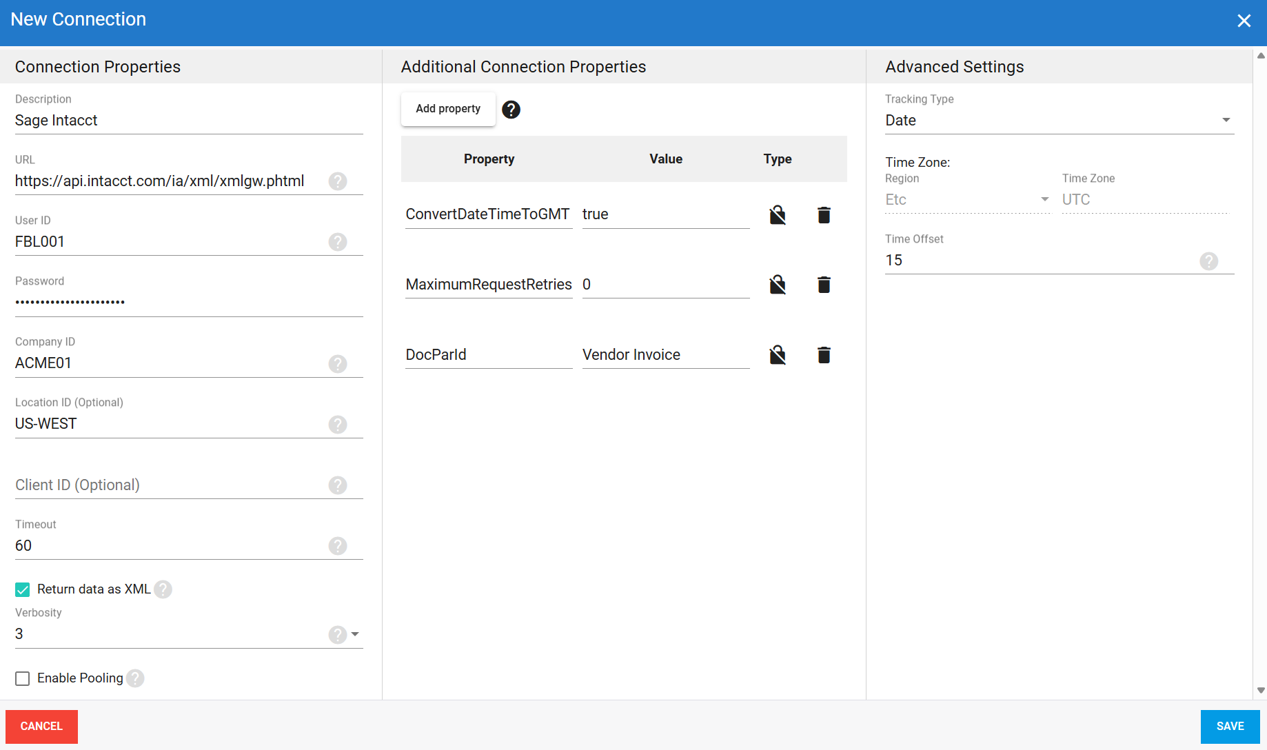 Connexion source Sage Intacct dans DataSync