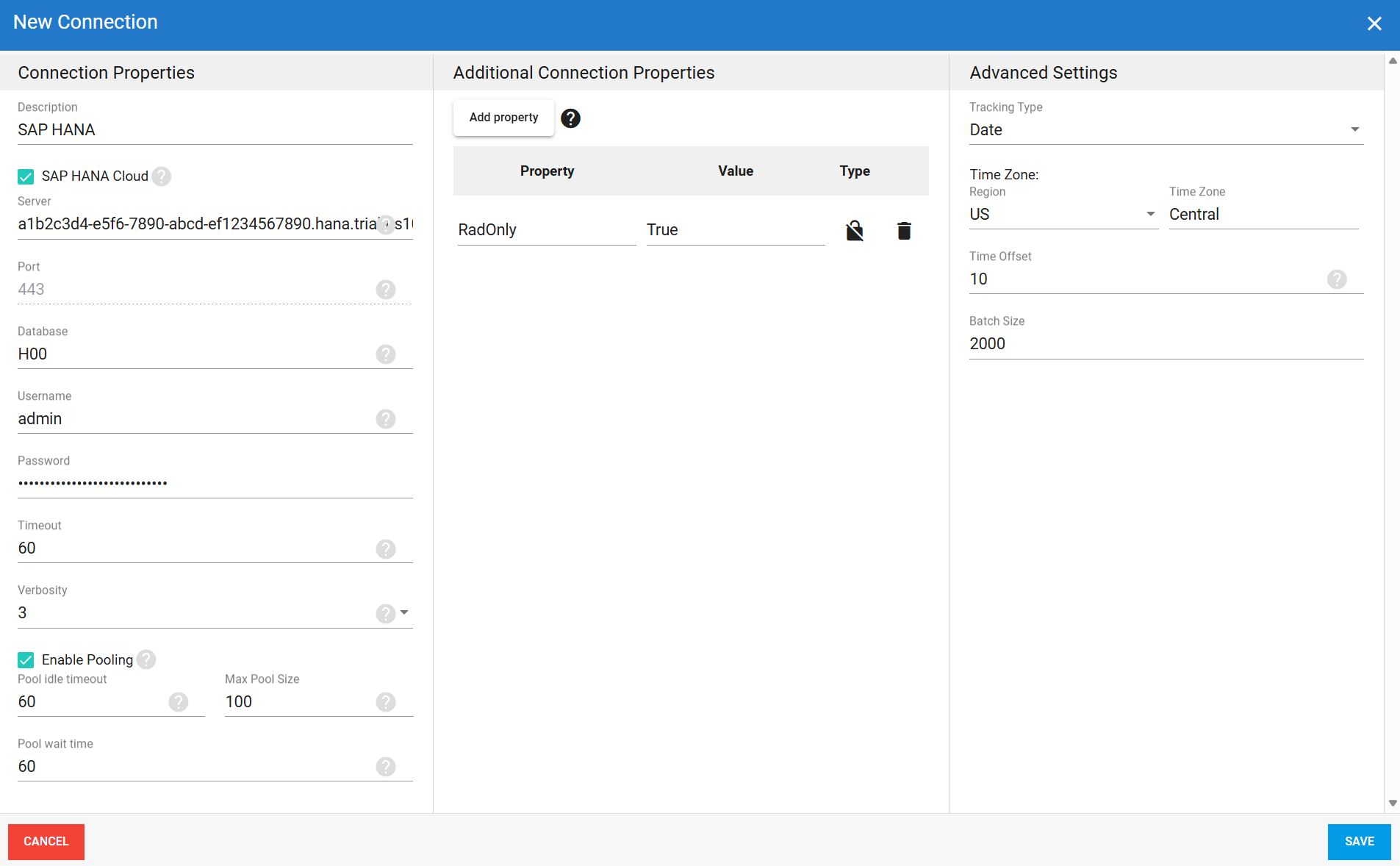 Connexion source SAP HANA dans DataSync