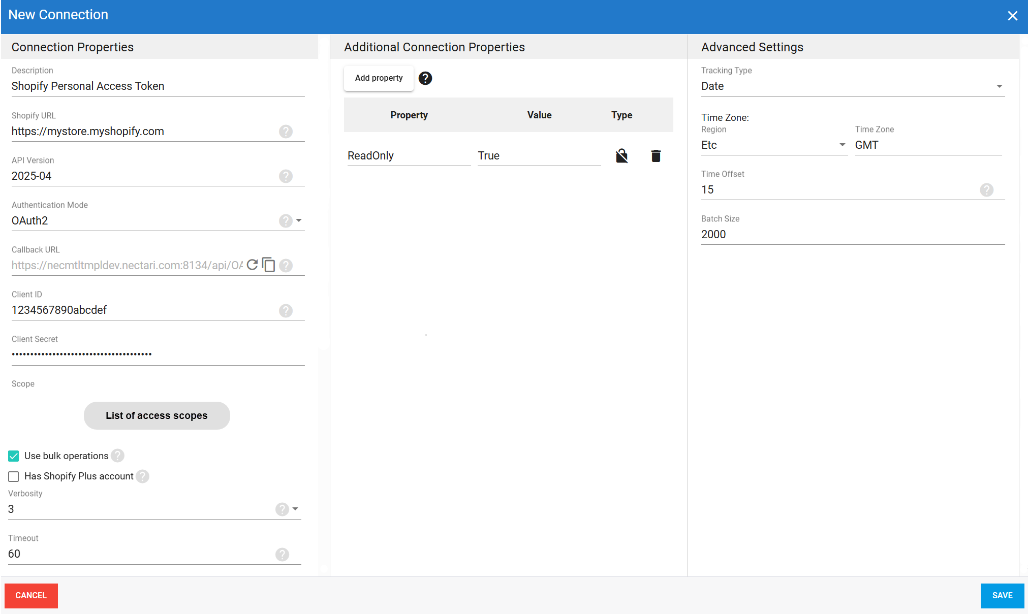 Connexion source Shopify avec OAuth 2.0 dans DataSync