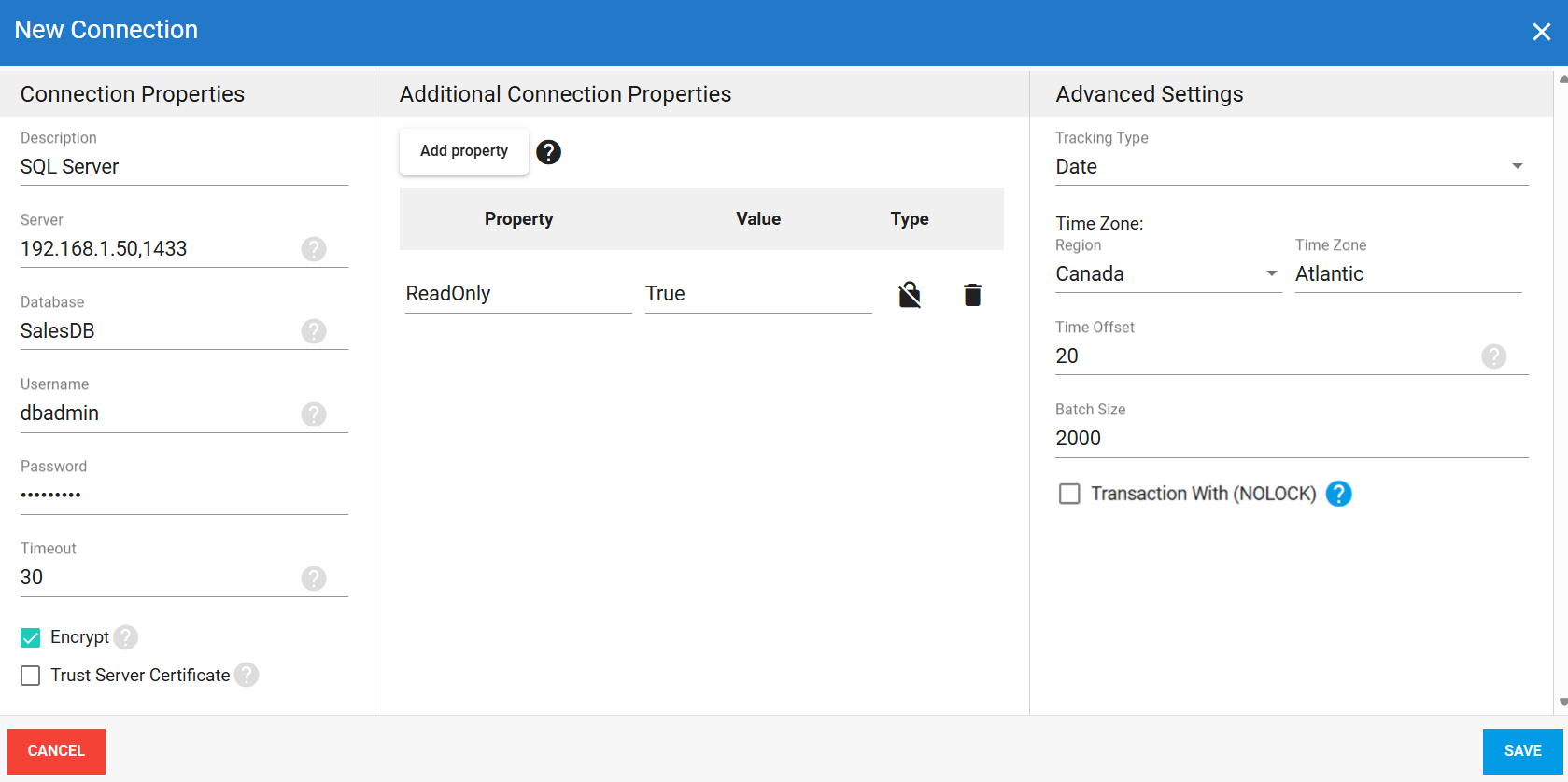 Connexion source SQL Server dans DataSync