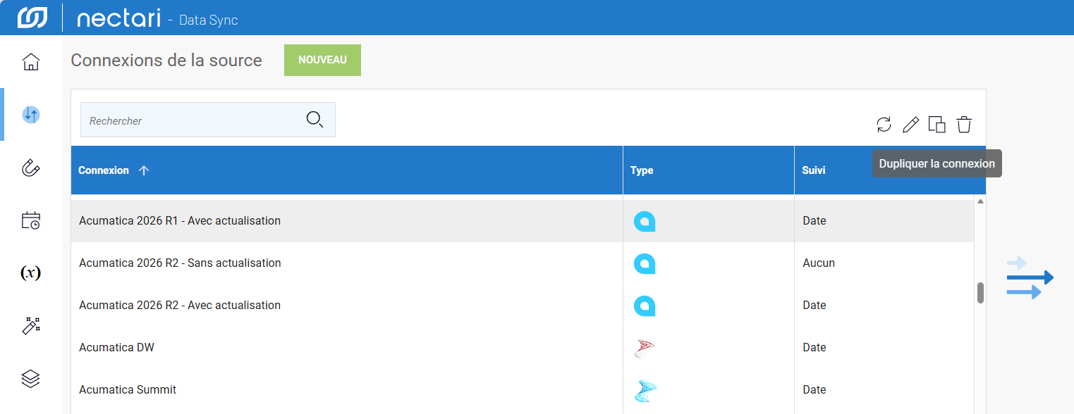 Page Connexions avec une connexion sélectionnée dans la liste et l'icône Dupliquer la connexion mise en évidence au bout de sa ligne