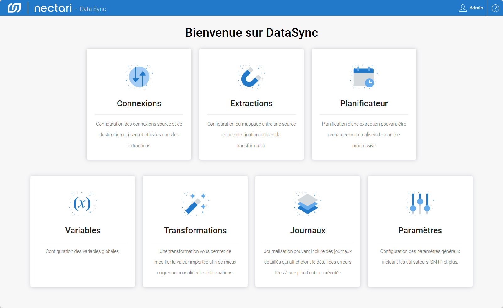 Page d'accueil de DataSync avec le panneau de gauche listant les modules Connexions, Extractions, Planificateur, Variables, Transformations, Journaux et Paramètres