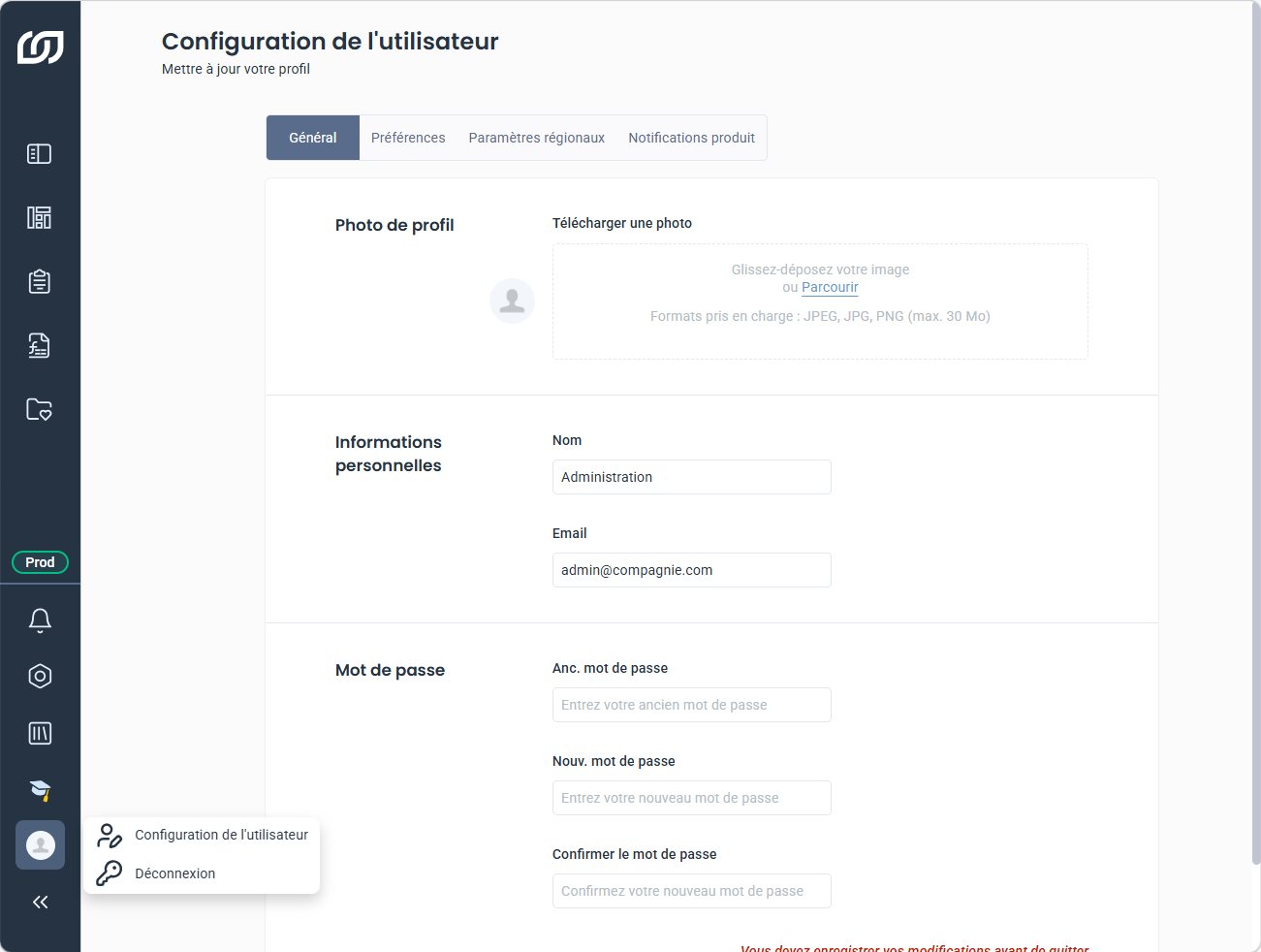 Configuration de l'utilisateur
