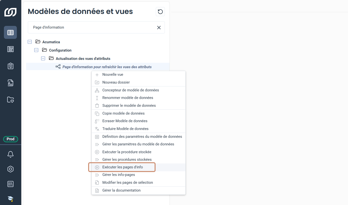 Page d'info du modèle de données Page d'information pour rafraîchir les vues des attributs, avec le bouton Refresh