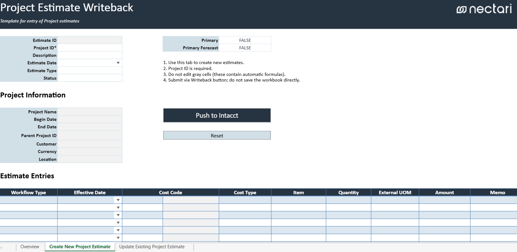 Classeur Project Estimate Writeback avec l'en-tête de l'estimation, les informations du projet et la grille d'estimation
