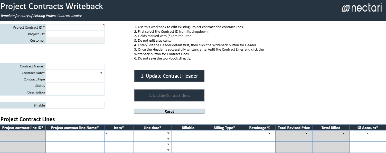 Classeur Update Existing Project Contracts avec l'en-tête et les lignes d'un contrat existant