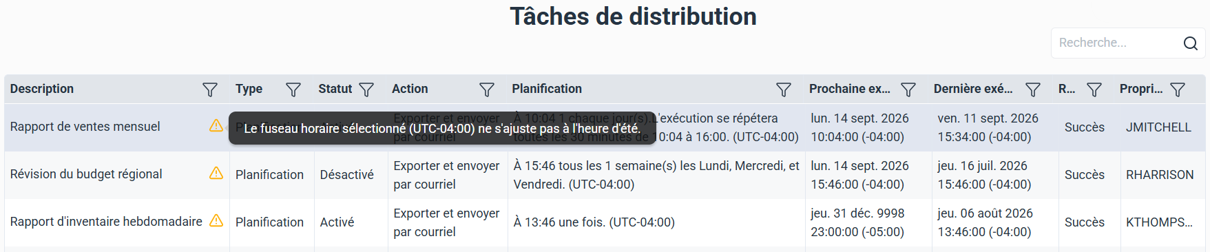 Avertissement de changement d'heure sur une tâche de distribution