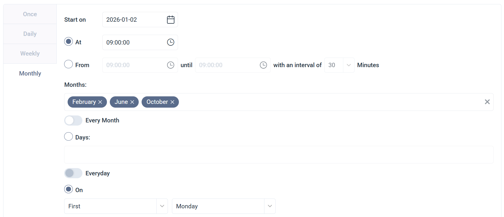 Schedule tab set to Monthly, with February and June selected, and Days set to the 4th and the last day of the month