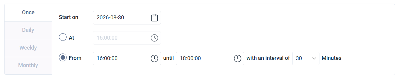 Schedule tab set to Once, with a delivery range from 4:00 PM to 6:00 PM at a 15 minute interval on September 30