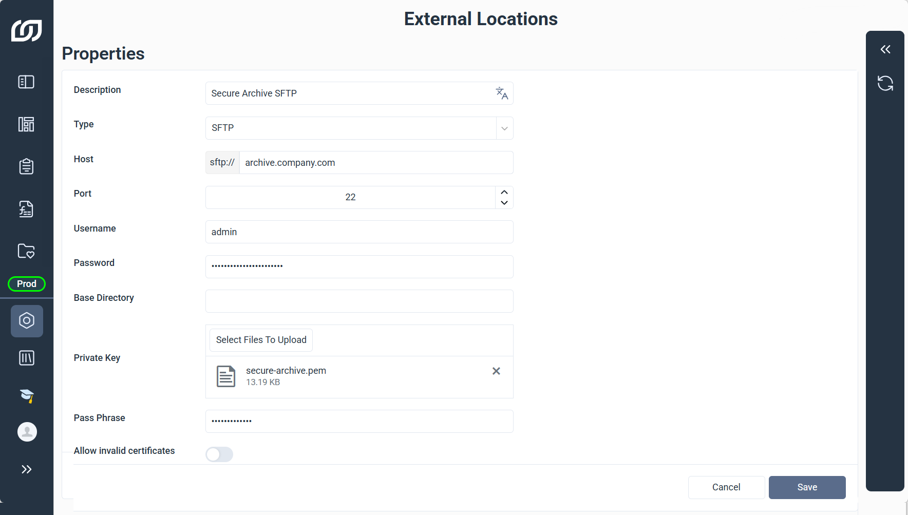 SFTP external location properties, including Host, Port, Username, Password, Private Key, and Pass Phrase