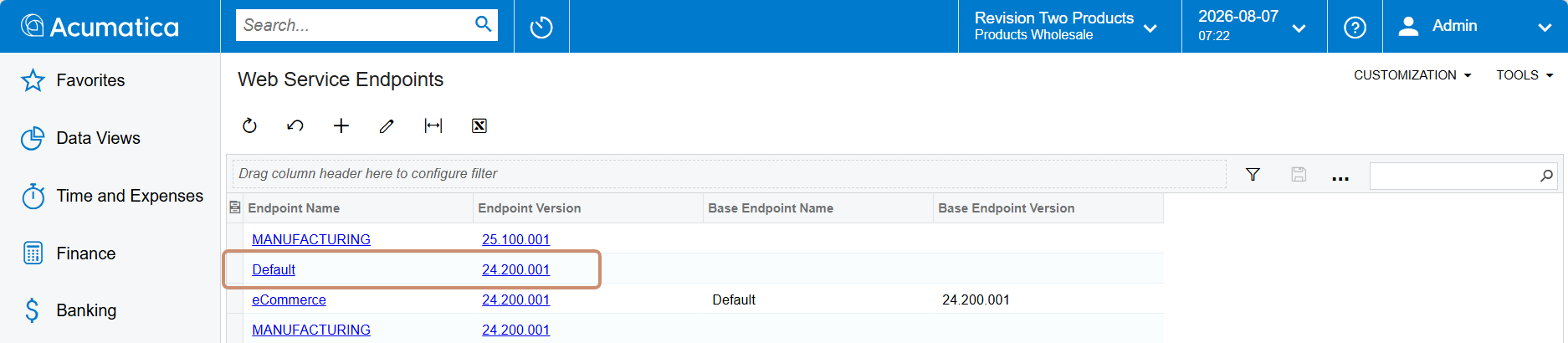 Acumatica Endpoint Name and Endpoint Version