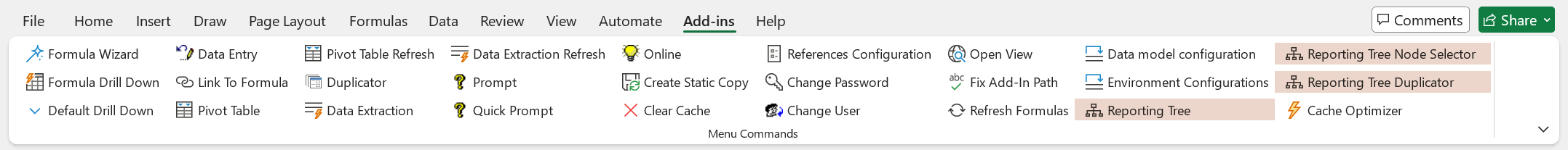 Reporting Tree Excel Add-in Buttons