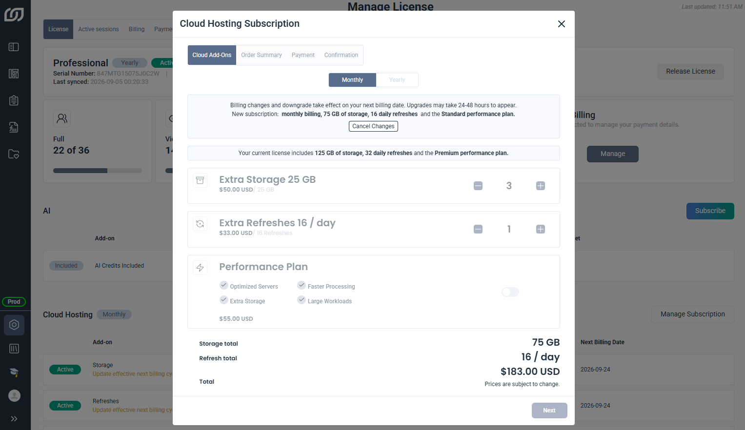 Cancel Cloud Hosting downgrade changes after subscribing