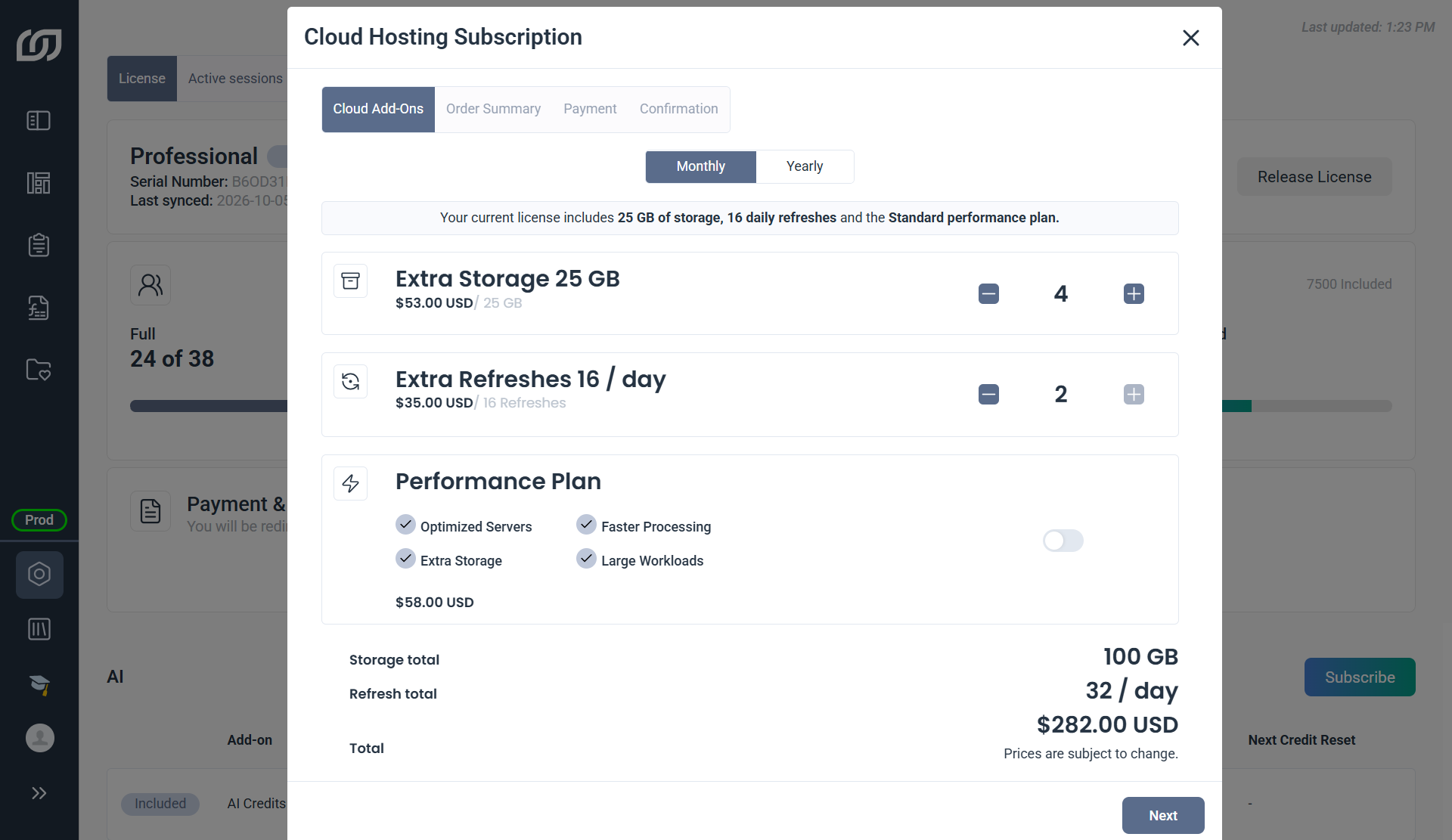 Manage Subscription dialog for Cloud Hosting, with a monthly or yearly billing switch, the current storage, refreshes, and performance tier, plus and minus controls for storage and refreshes, a Performance Plan toggle, and an order summary with the updated storage and refresh totals