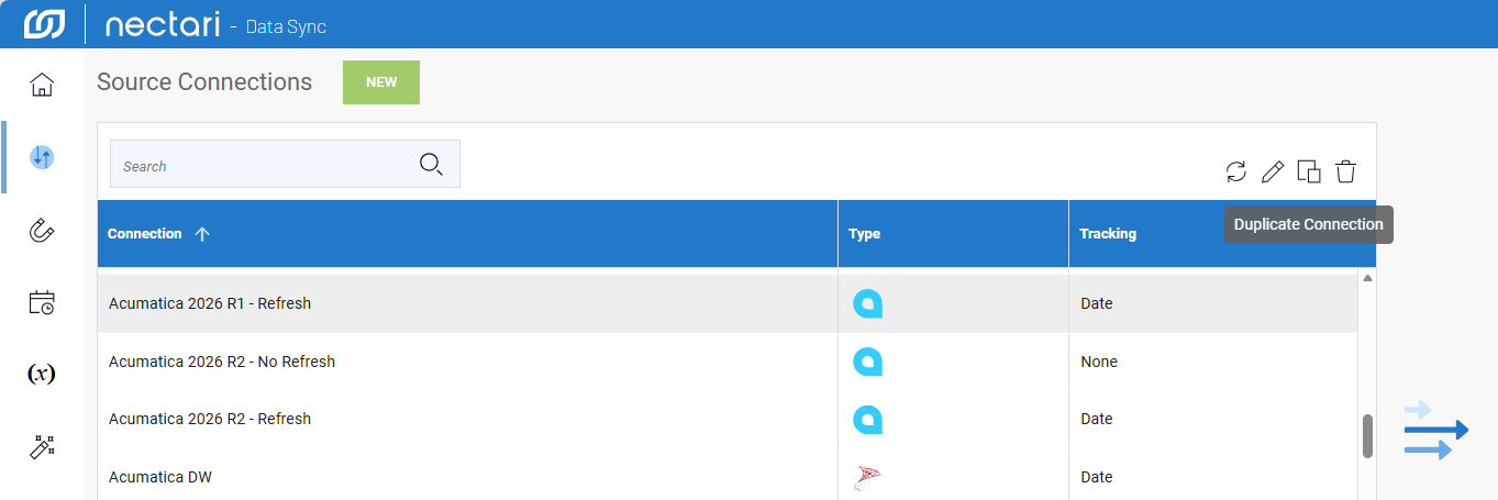 Connections page with a connection selected in the list and the Duplicate Connection icon highlighted at the end of its row