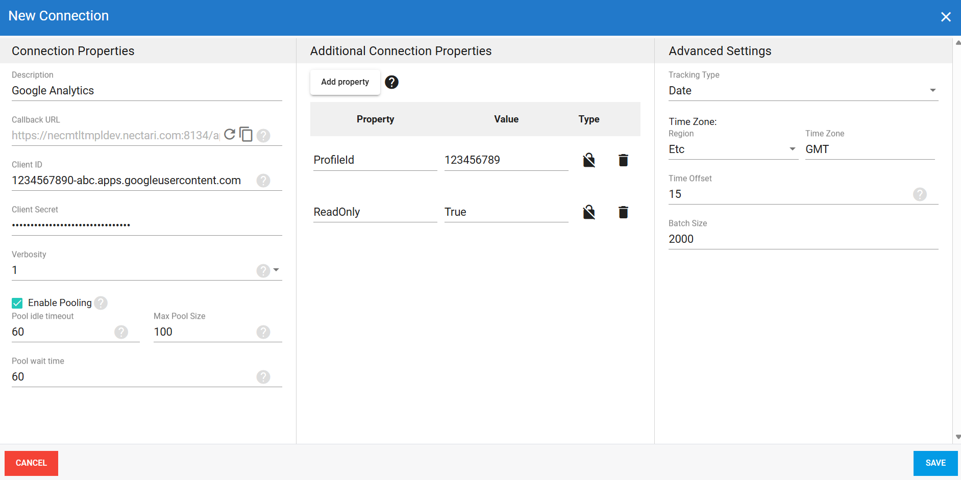 Google Analytics source connection in DataSync