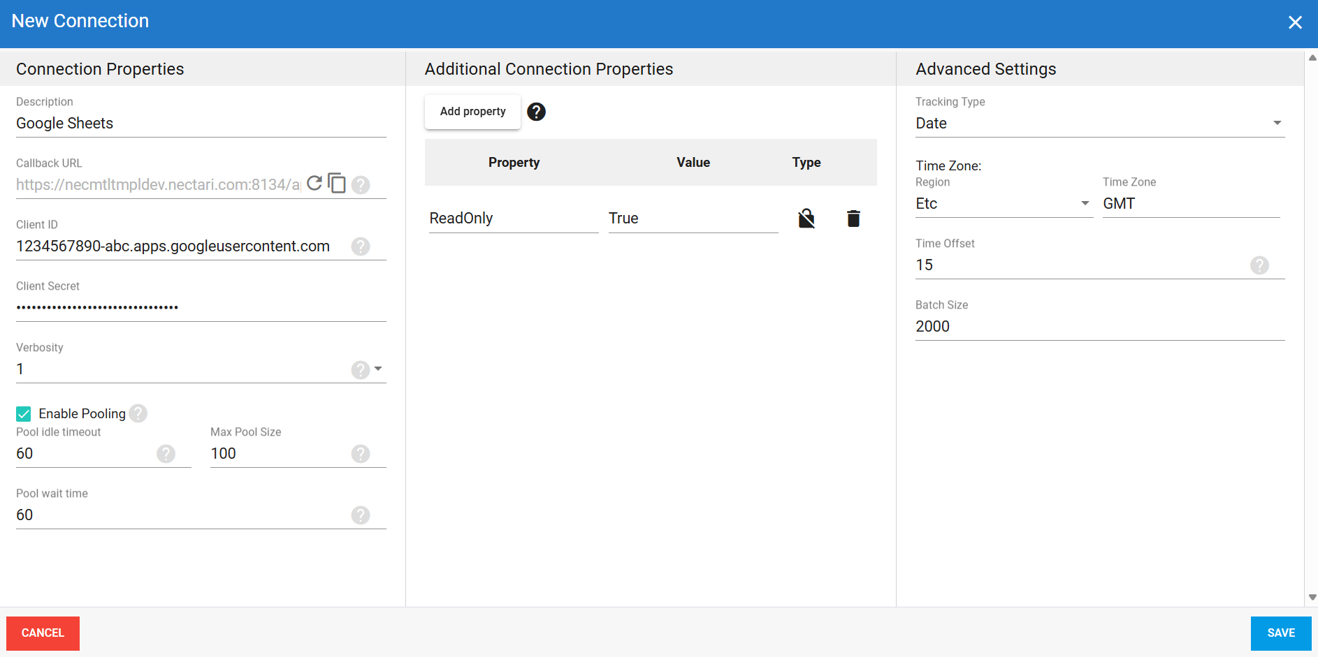 Google Sheets source connection in DataSync