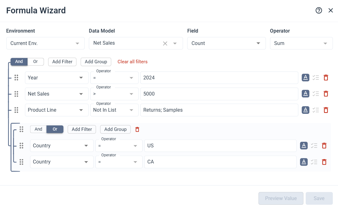 Example Filter Formula Wizard