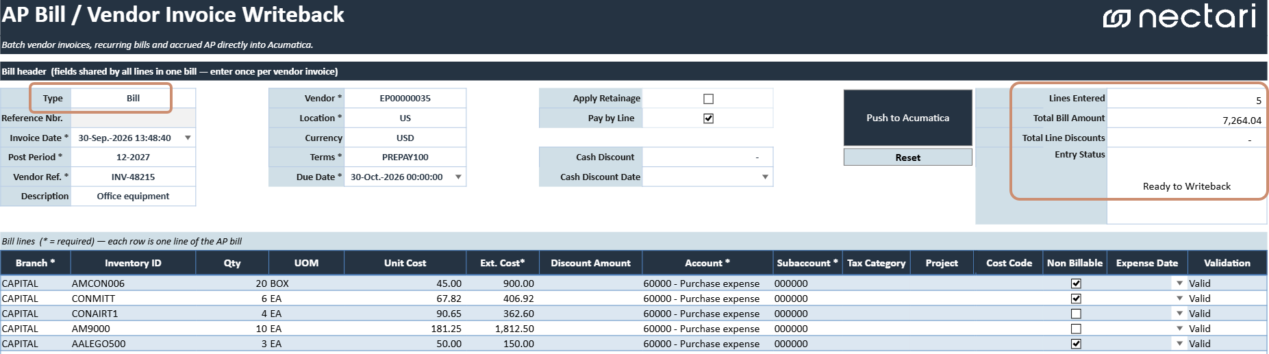 Batch Check table of the Journal Entry Writeback template, showing matching Total Debit and Total Credit values and the OK – Balanced status