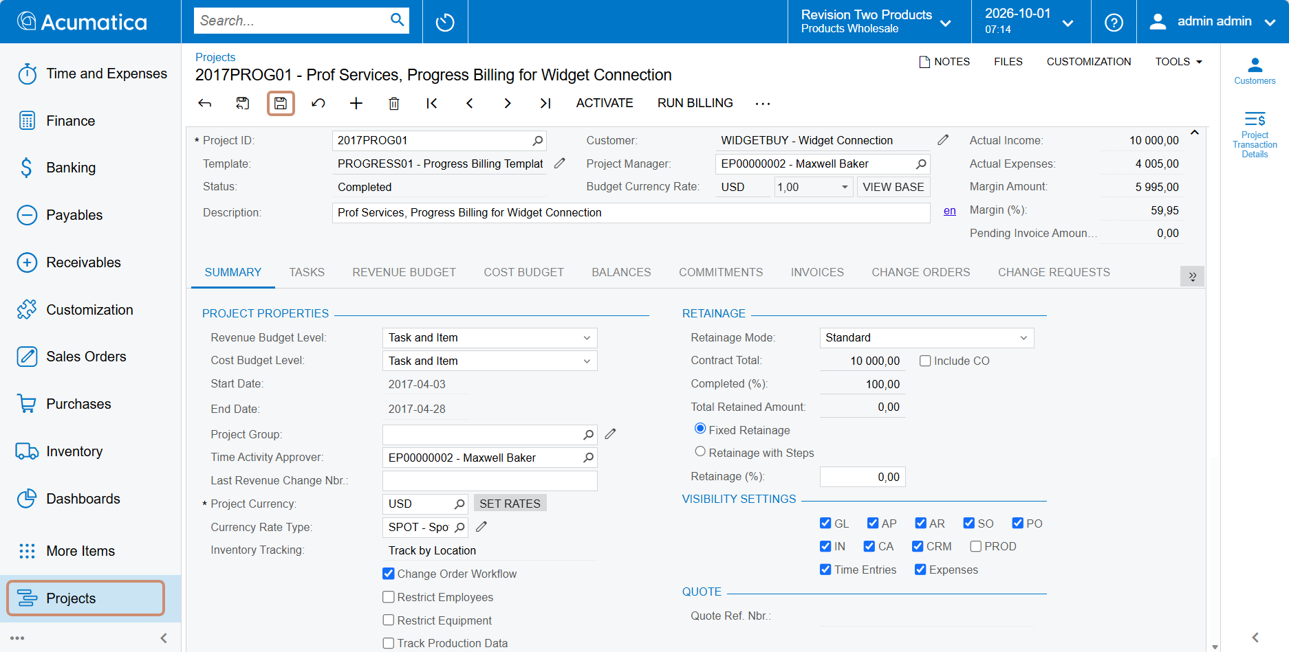 Summary tab of a project in Acumatica, with the Change Order Workflow checkbox highlighted