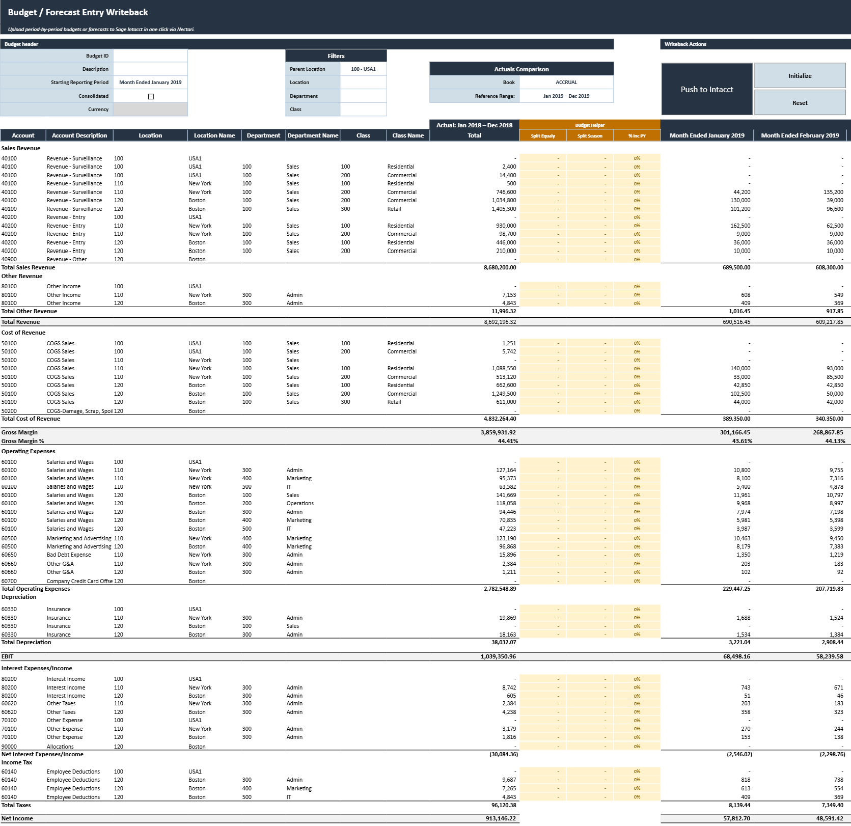 Annual Budget Writeback template for Sage Intacct in a workbook, showing the budget header, the filters, the writeback action buttons, and the monthly budget grid