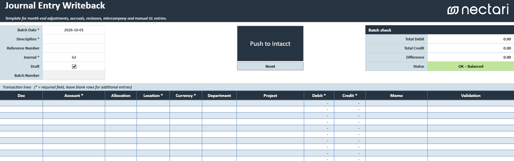 Journal Entry Writeback template for Sage Intacct in a workbook, showing the journal entry header, the writeback action buttons, the transaction grid, and the Batch Check table